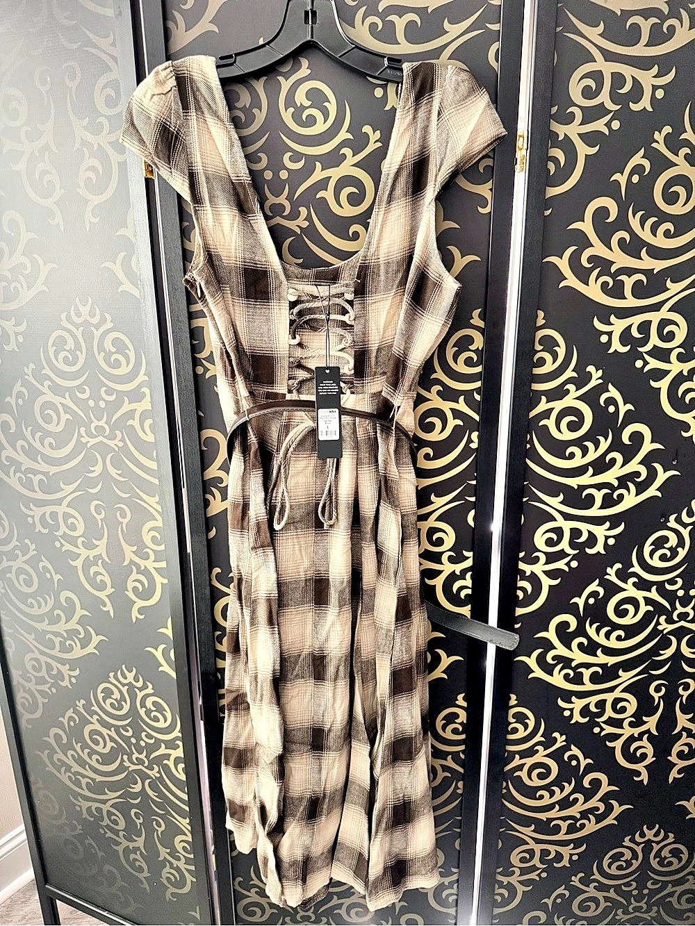 Fashion Nova Alaina Belted Plaid Midi Dress Plaid Midi Dress in Brown & Cream